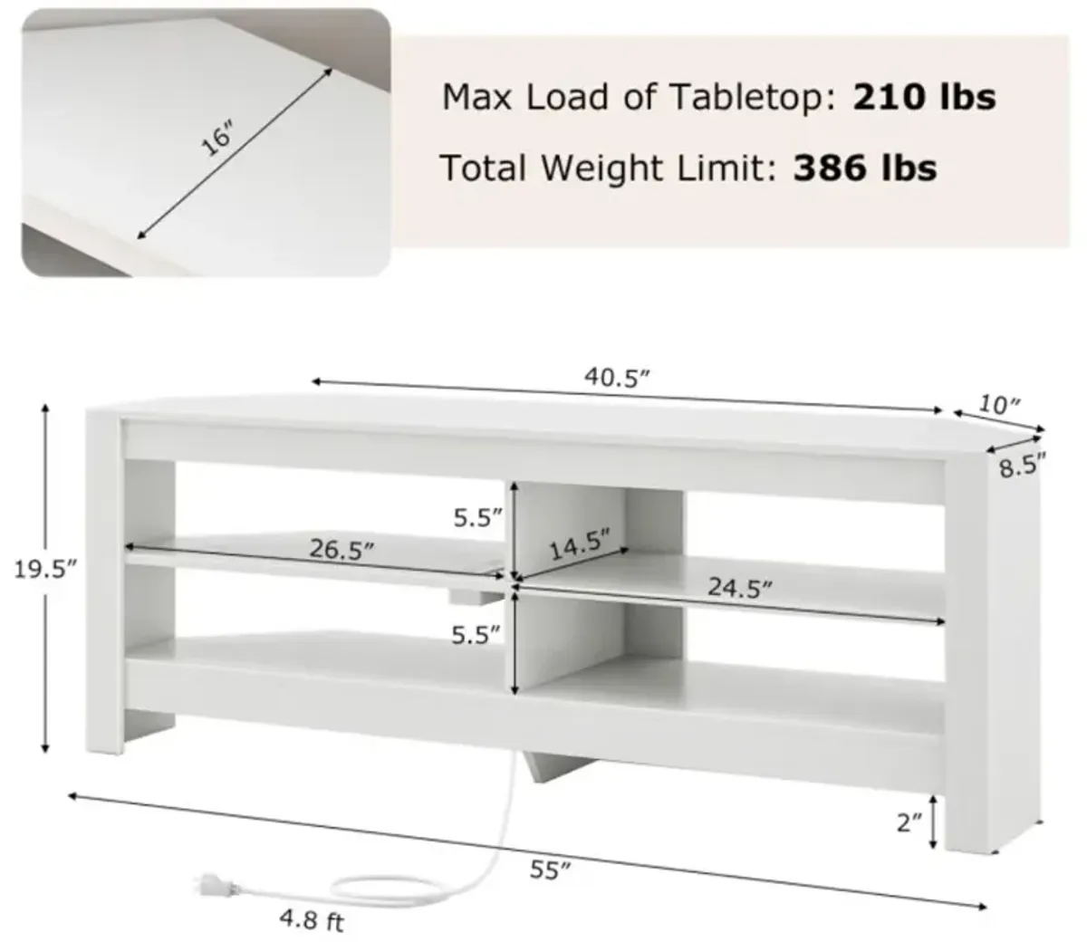 Hivvago Corner TV Stand with Power Outlet and 4 Open Storage Shelves