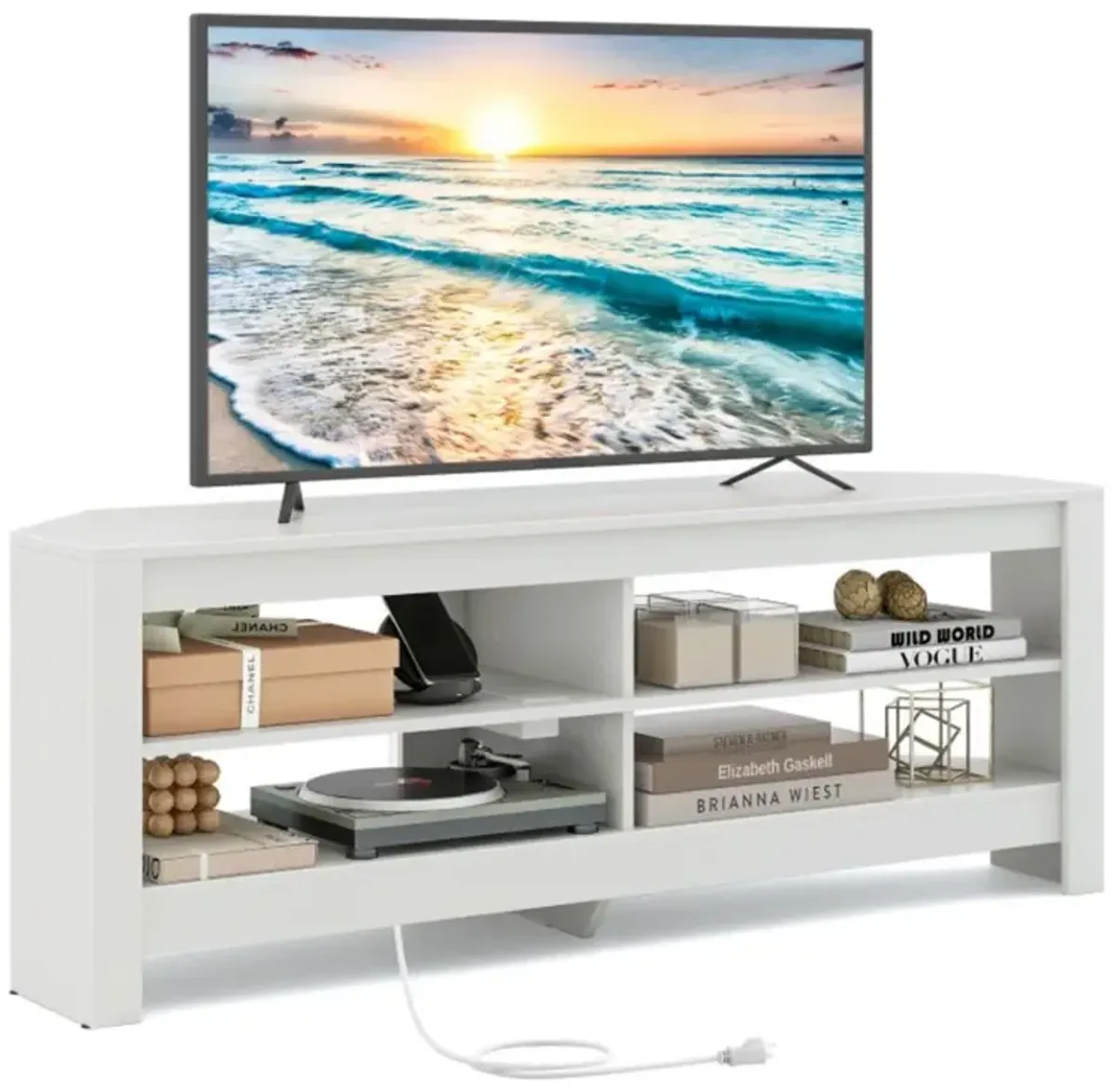 Hivvago Corner TV Stand with Power Outlet and 4 Open Storage Shelves