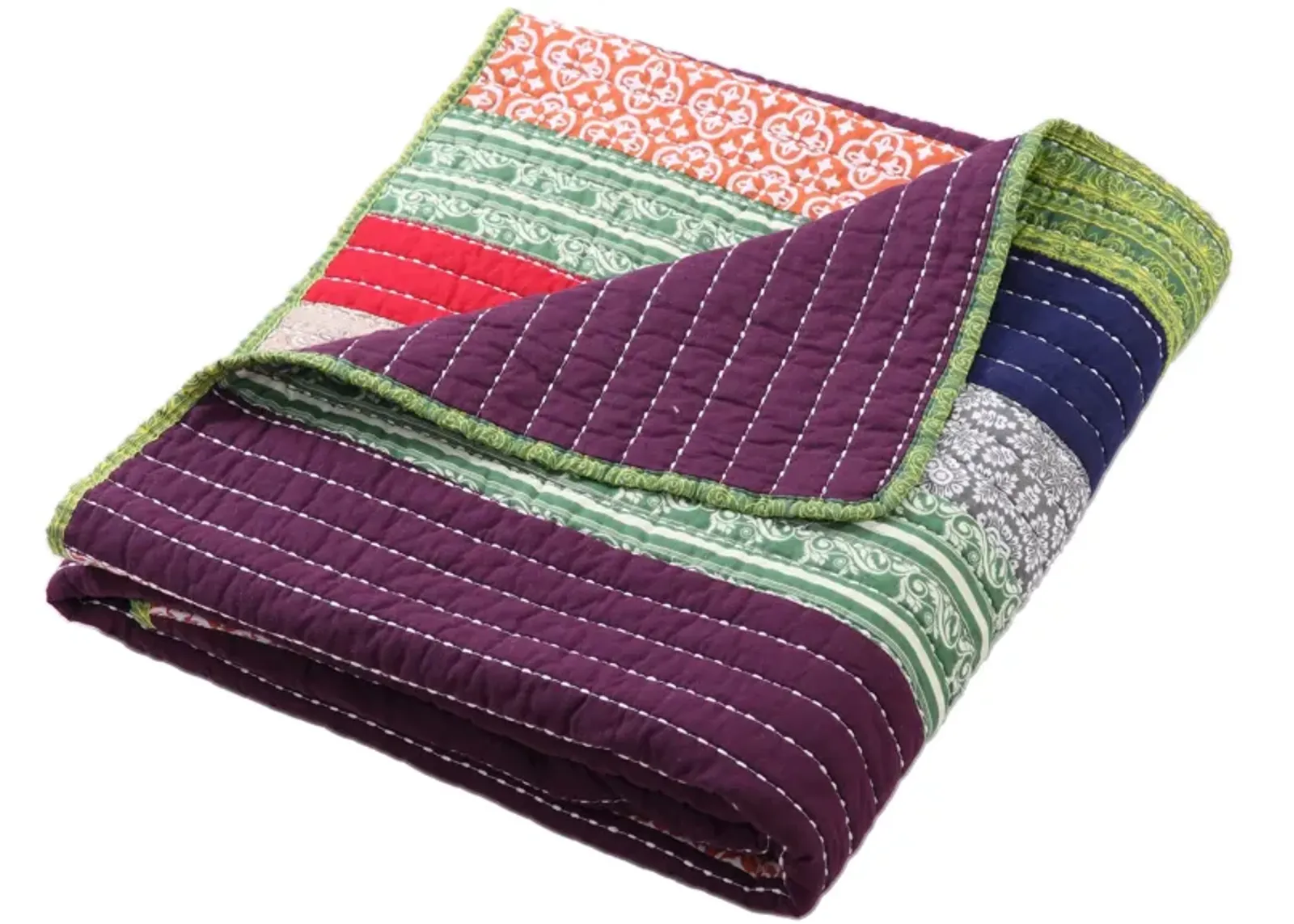 60 Inch Cotton Throw Blanket, Multi Color Stripes, Kantha Hand Quilting-Benzara