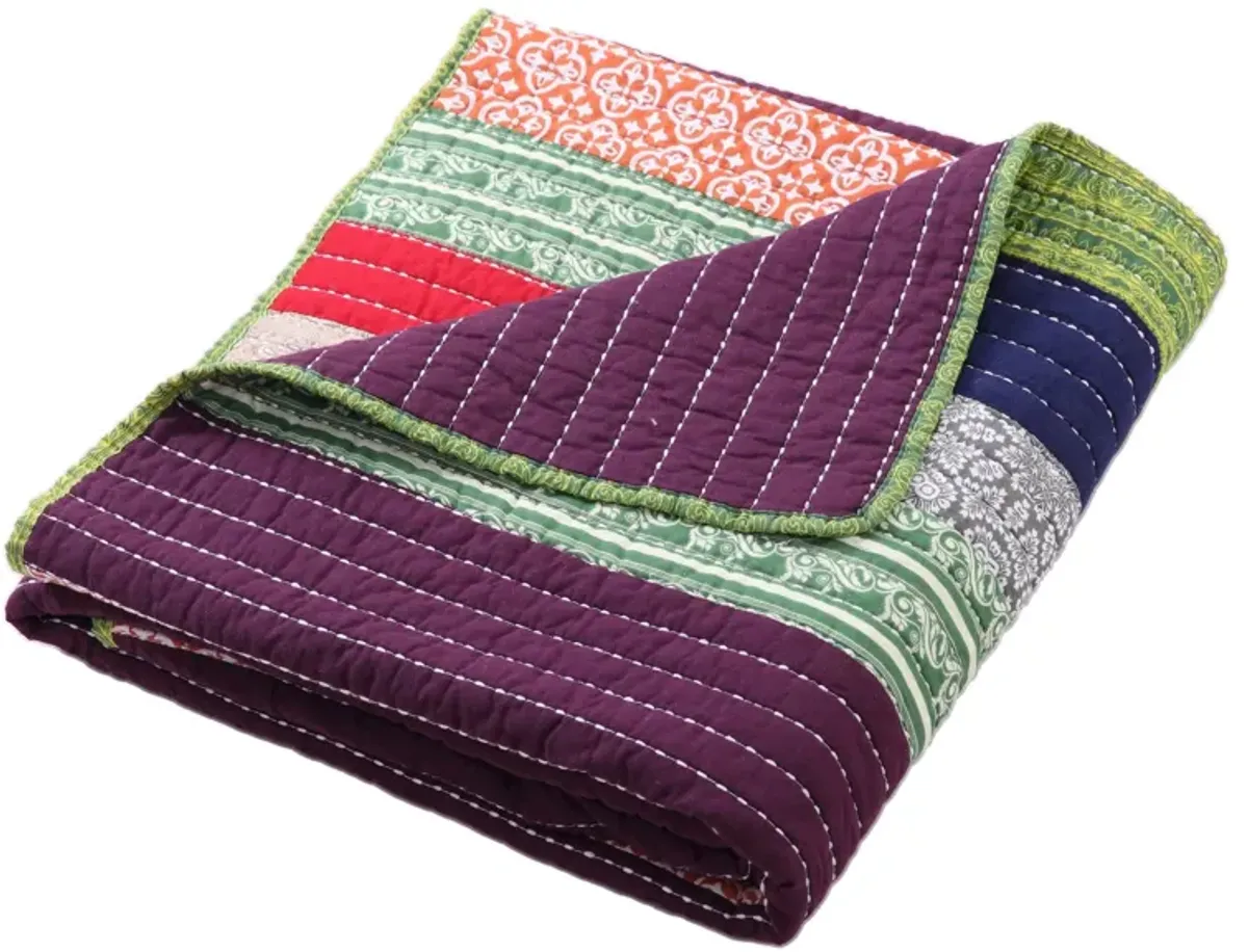 60 Inch Cotton Throw Blanket, Multi Color Stripes, Kantha Hand Quilting-Benzara