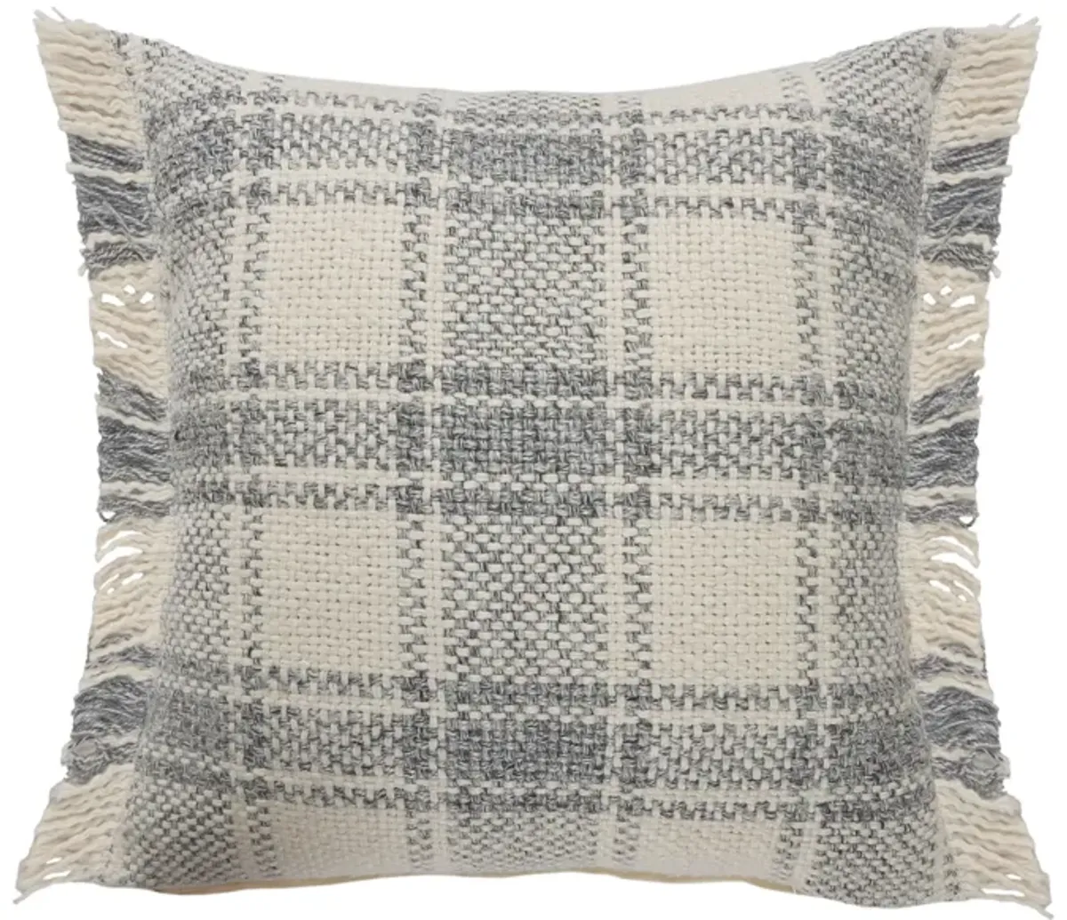 20" Blue and White Plaid Cabin Square Throw Pillow with Fringe