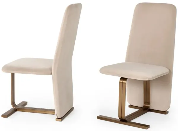 Cid Jim 19 Inch Dining Chair Set of 2, Beige Velvet Fabric, Brushed Brass - Benzara