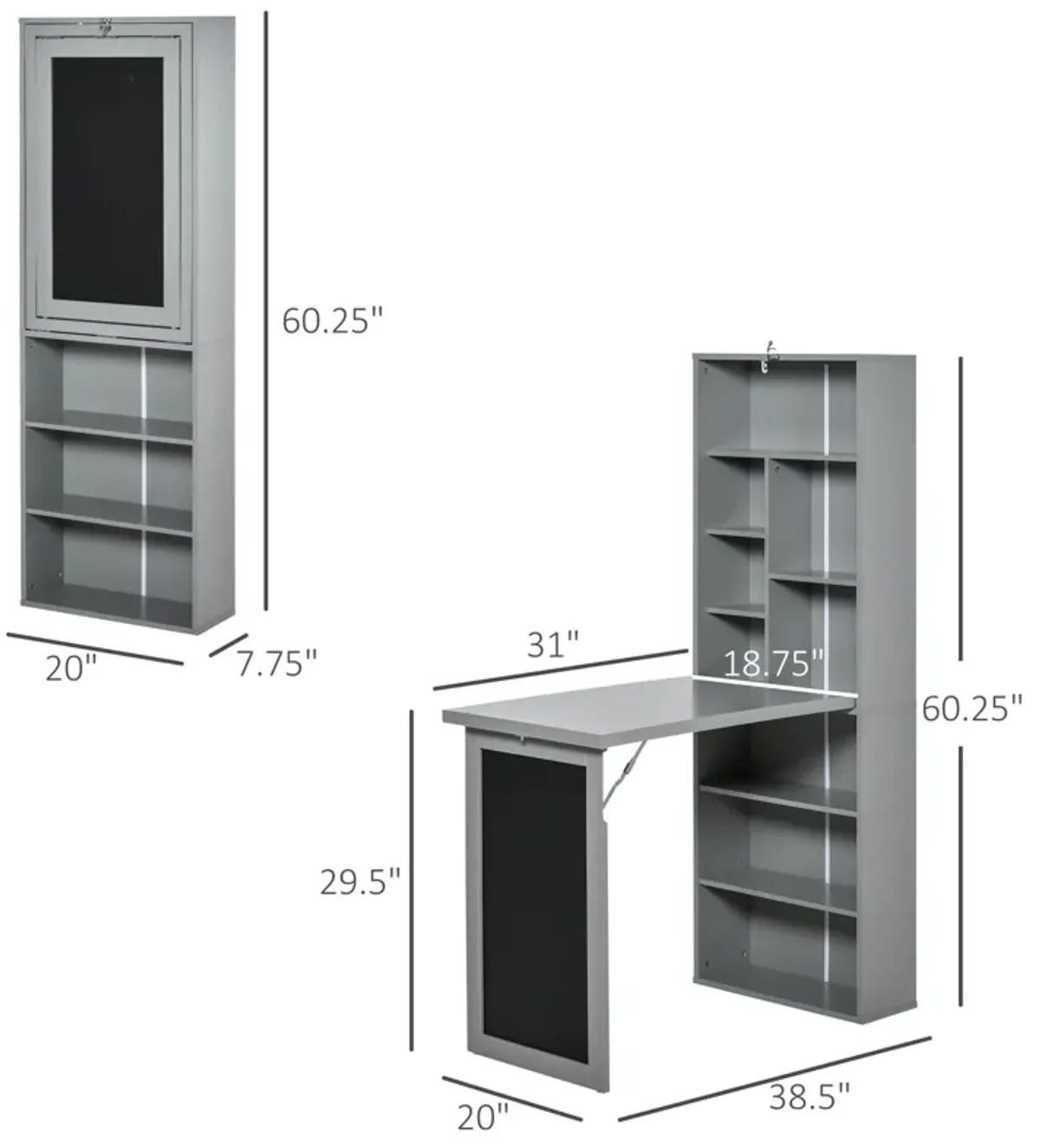 Gray Space-Saving Desk: Wall-Mounted Folding Table with Shelf