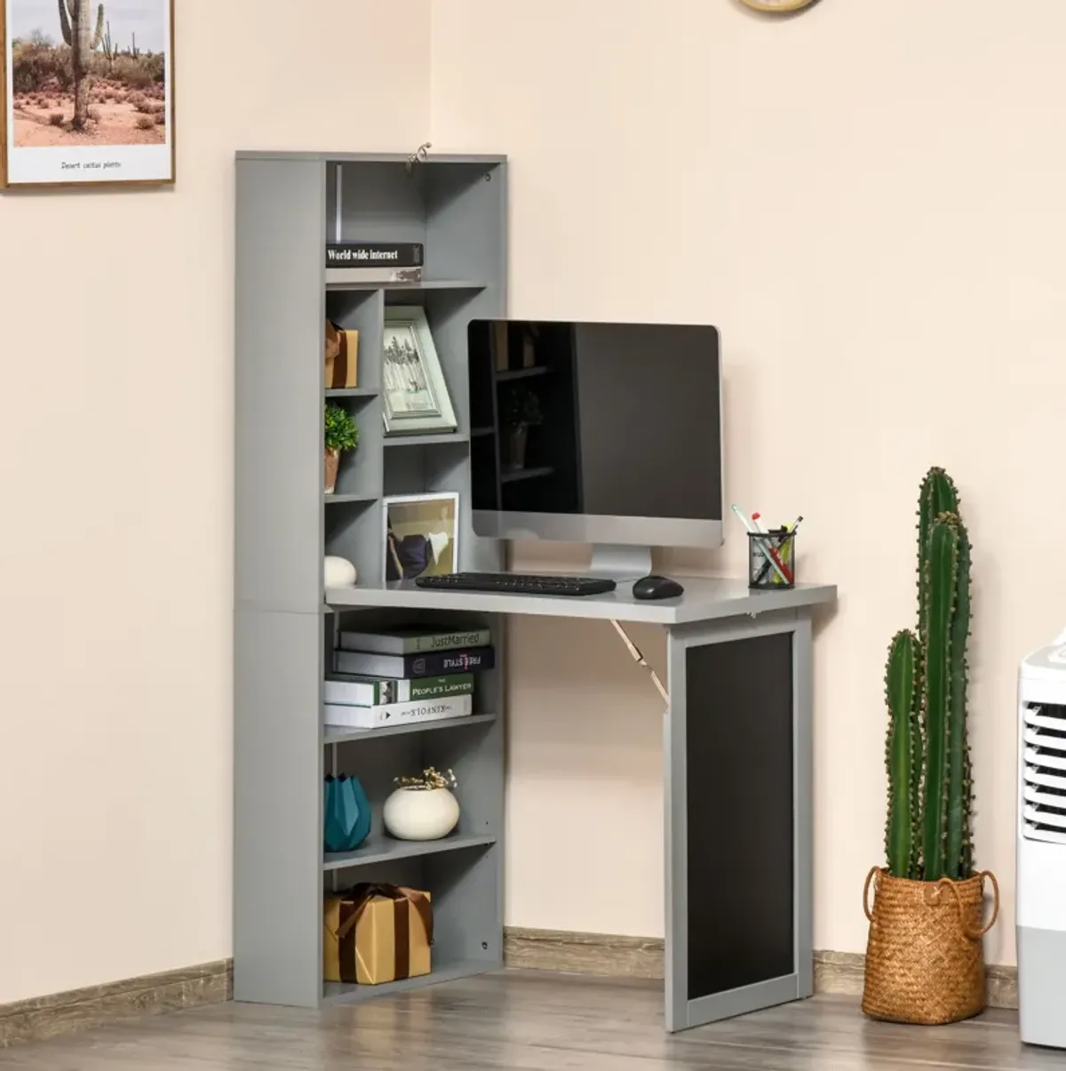 Gray Space-Saving Desk: Wall-Mounted Folding Table with Shelf