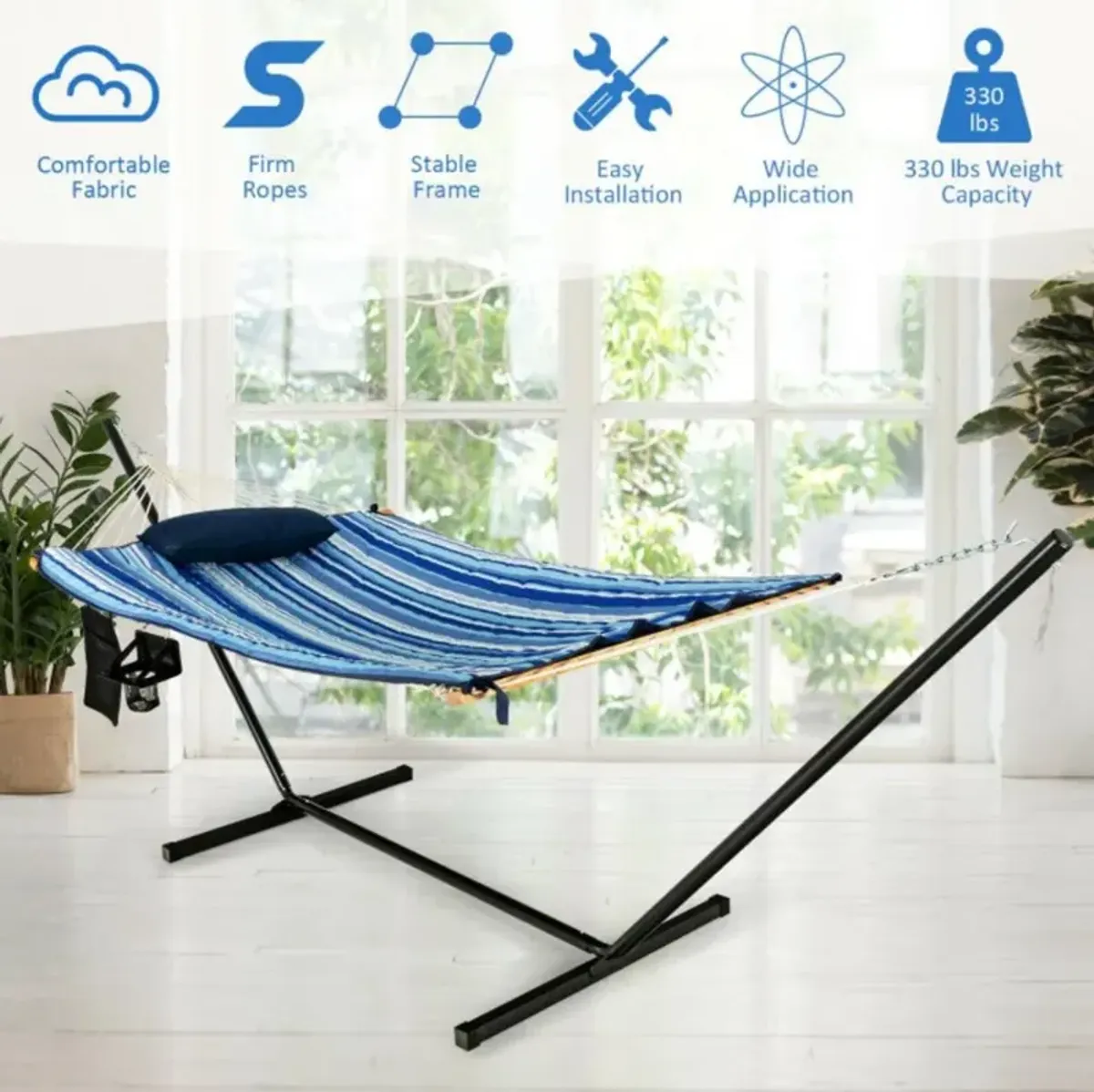 Hivvago  Hammock Chair Stand Set Cotton Swing with Pillow Cup Holder Indoor Outdoor