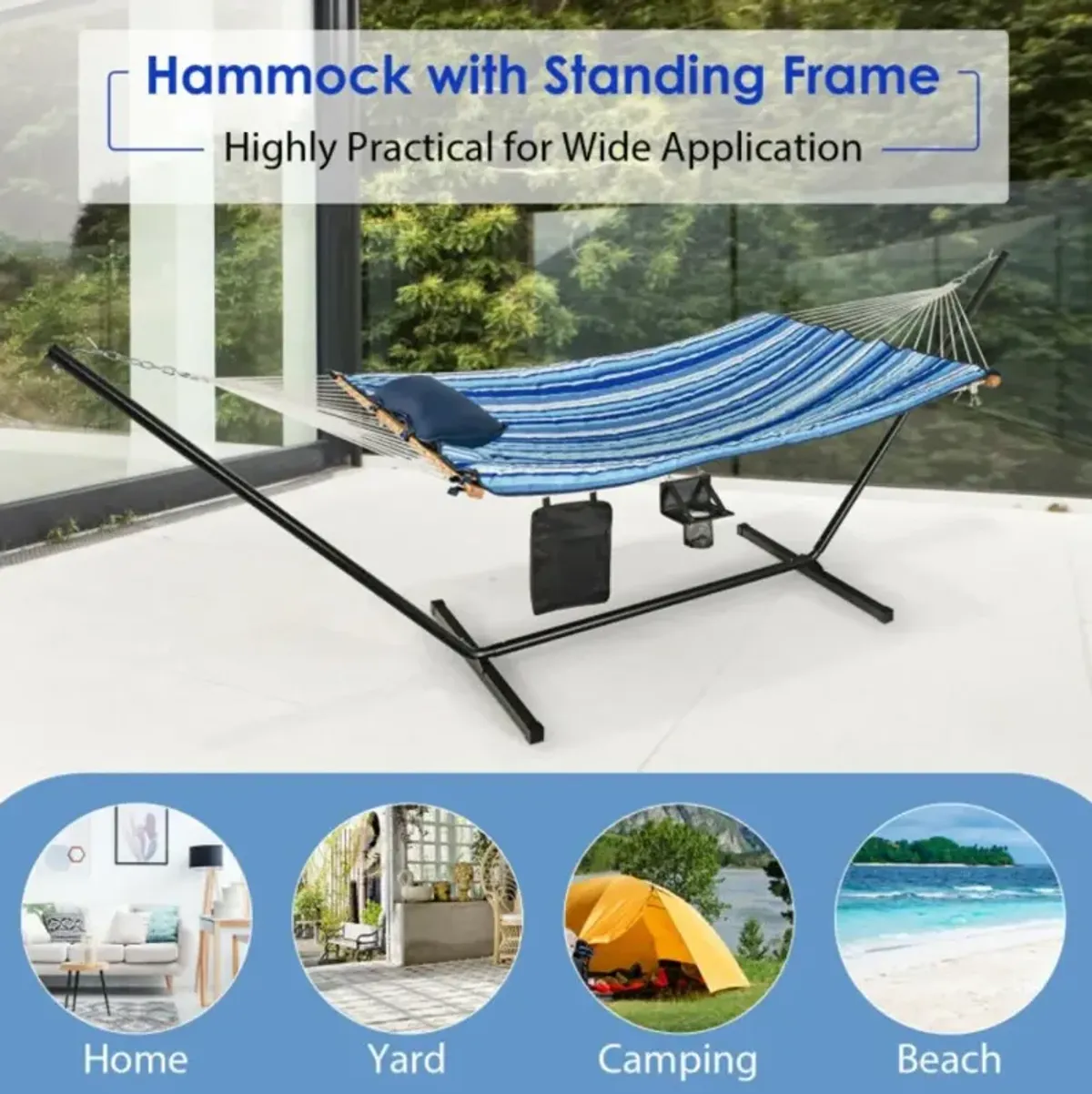 Hivvago  Hammock Chair Stand Set Cotton Swing with Pillow Cup Holder Indoor Outdoor