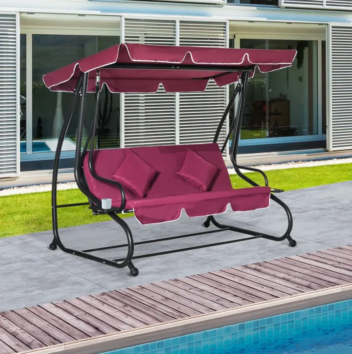 Outsunny 3-Seat Outdoor Patio Swing Chair, Converting Flatbed, Outdoor Swing Glider with Adjustable Canopy, Removable Cushion and Pillows, for Porch, Garden, Poolside, Backyard, Red