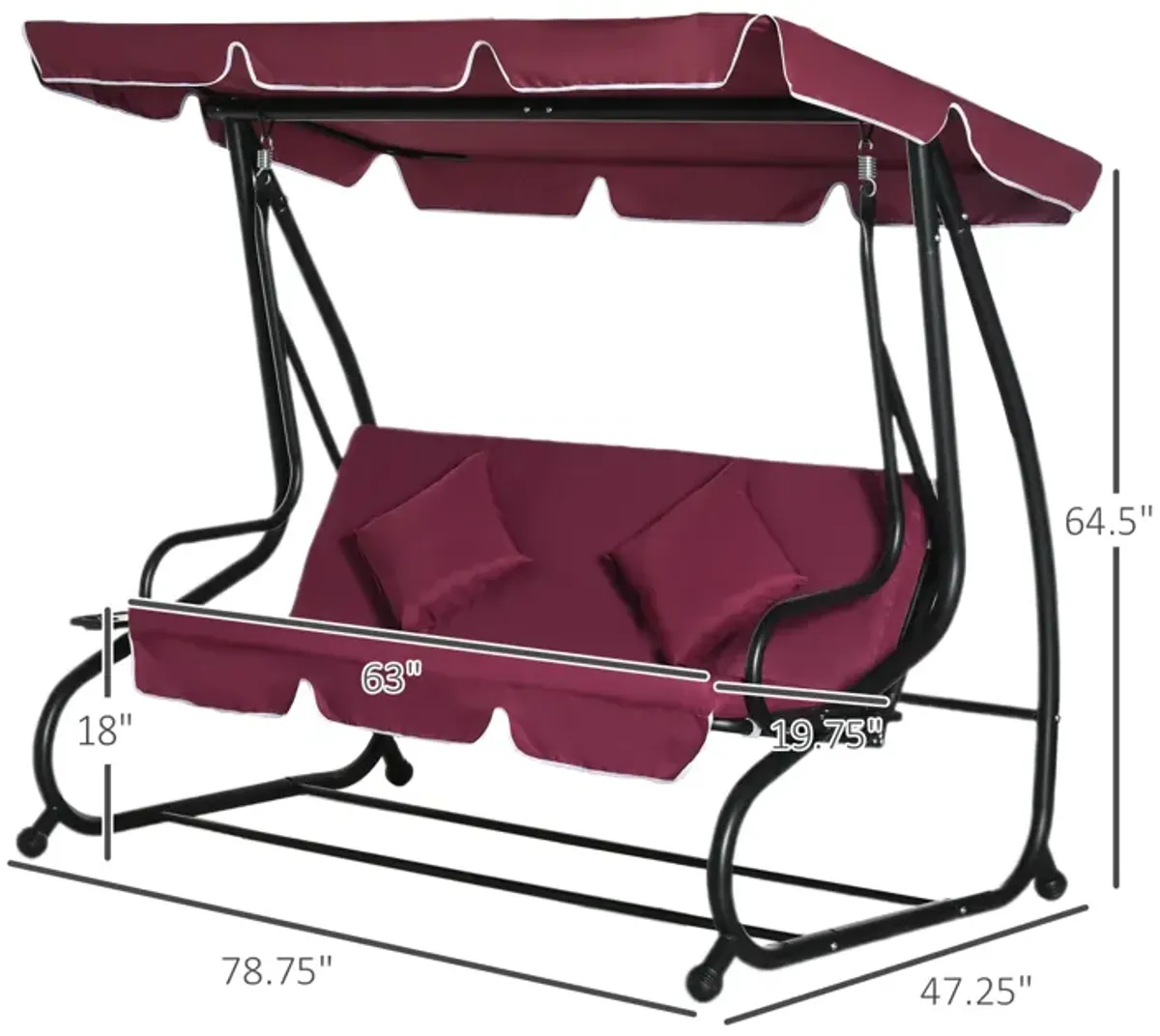 Outsunny 3-Seat Outdoor Patio Swing Chair, Converting Flatbed, Outdoor Swing Glider with Adjustable Canopy, Removable Cushion and Pillows, for Porch, Garden, Poolside, Backyard, Red