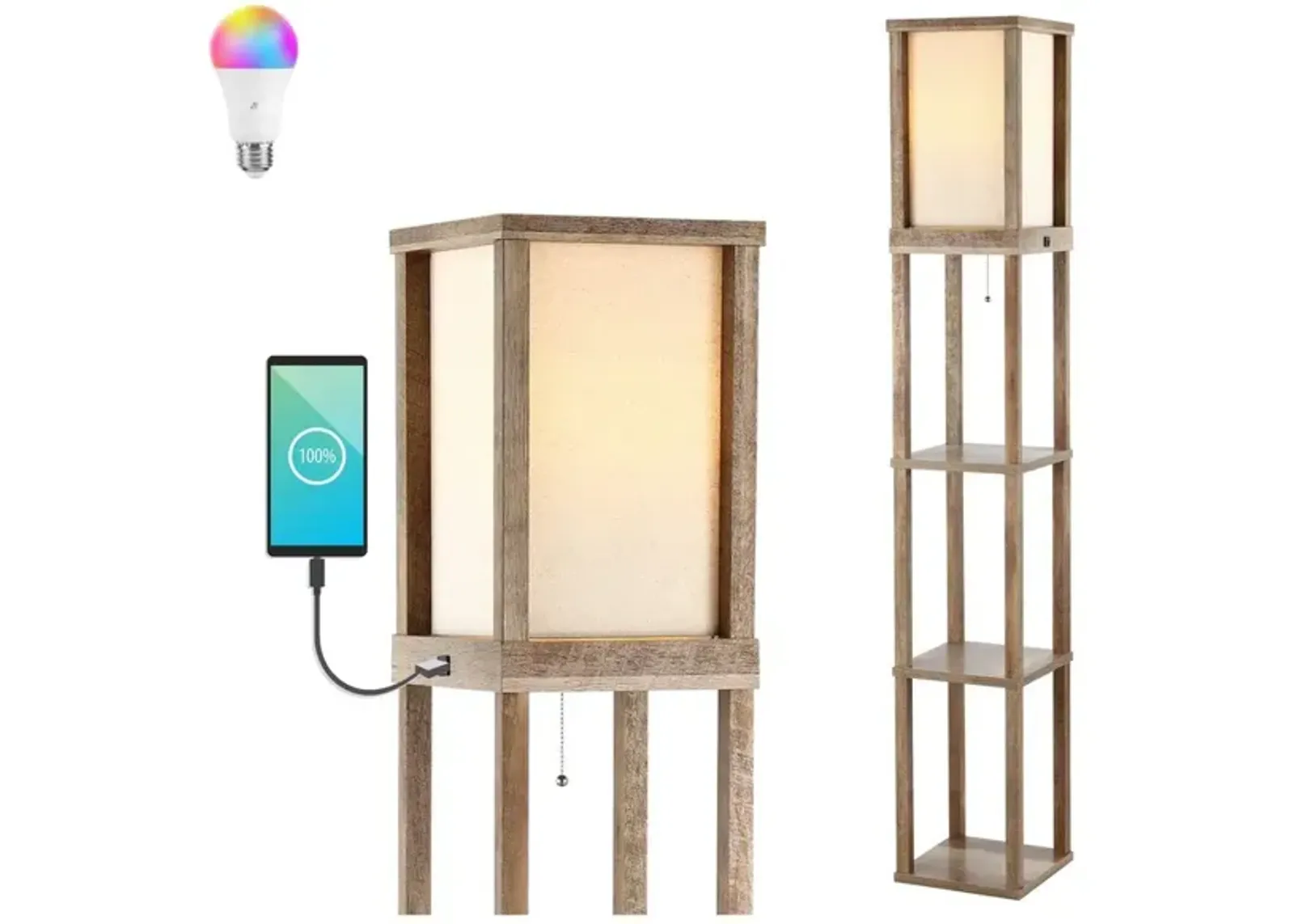 Etagere Rustic Bohemian Wooden LED 3-Shelf Floor Lamp with Pull-Chain