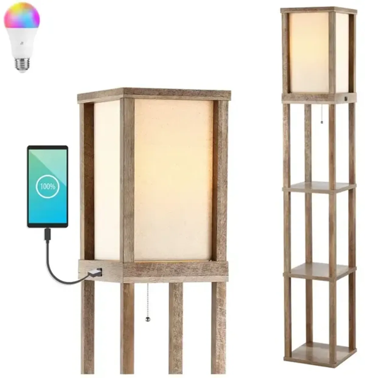 Etagere Rustic Bohemian Wooden LED 3-Shelf Floor Lamp with Pull-Chain