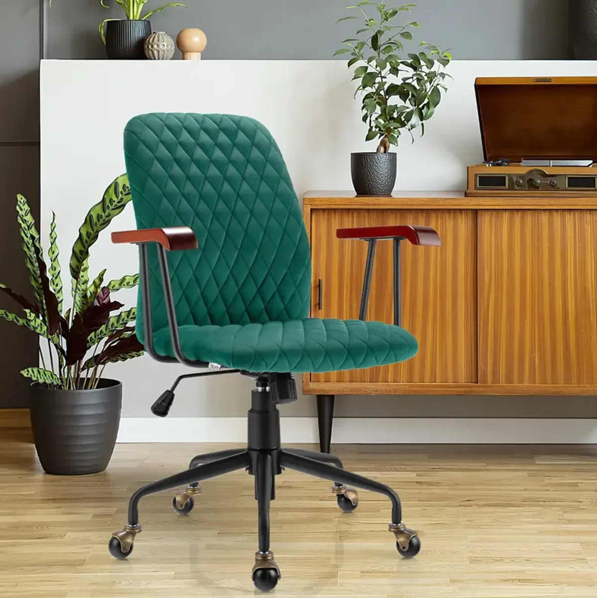 Velvet Home Office Chair with Wooden Armrest