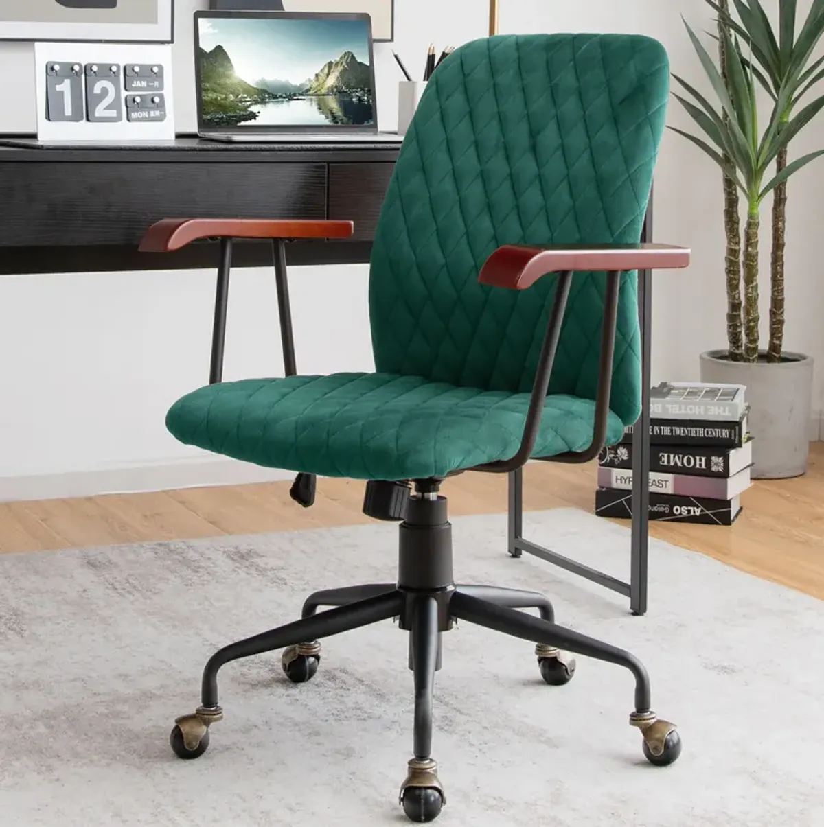 Velvet Home Office Chair with Wooden Armrest