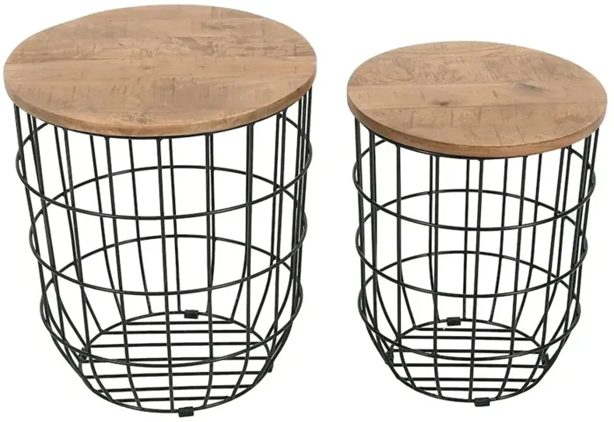 Jofran Global Archive Nested Storage Solid Wood and Metal Basket End Tables (Set of 2)