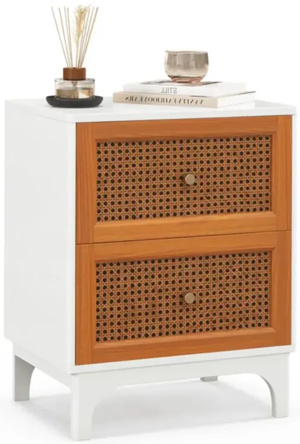 Hivvago Boho Accent Table Nightstand with 2 Handwoven Rattan Decorated Drawers