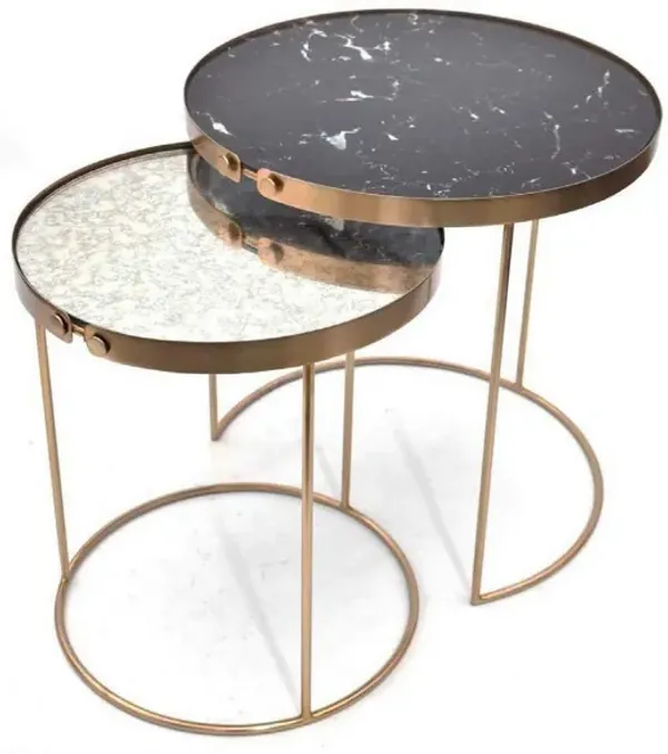 Rica Set of 2 Nesting Side End Tables, Silver Top, Black and Gold Metal - Benzara