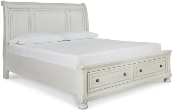 Lea Queen Size Sleigh Bed, 2 Footboard Storage Drawers, Antique White - Benzara