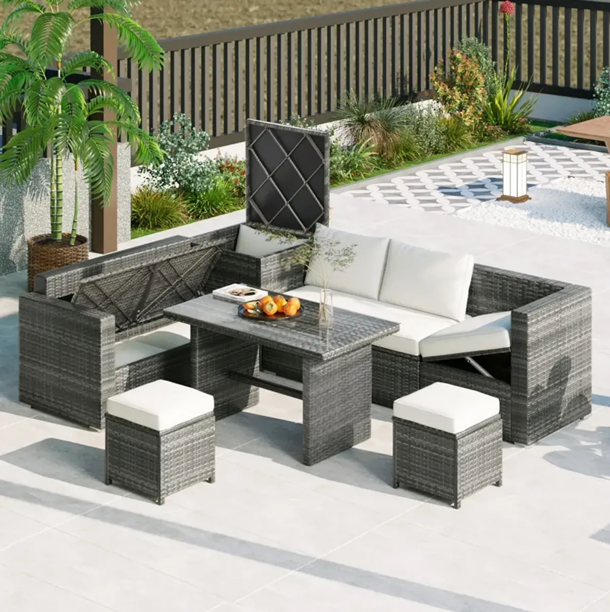 Mondawe 6 Pcs Outdoor Hand-Woven PE Rattan Sofa Set,With Adjustable Seats&Storage,Garden Patio Sofa