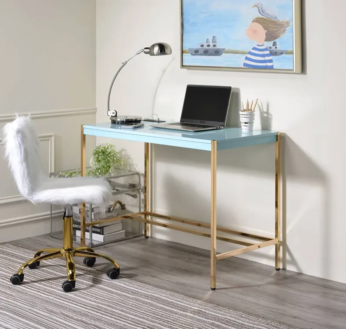 ACME Midriaks Writing Desk w/USB, Baby Blue & Gold Finish