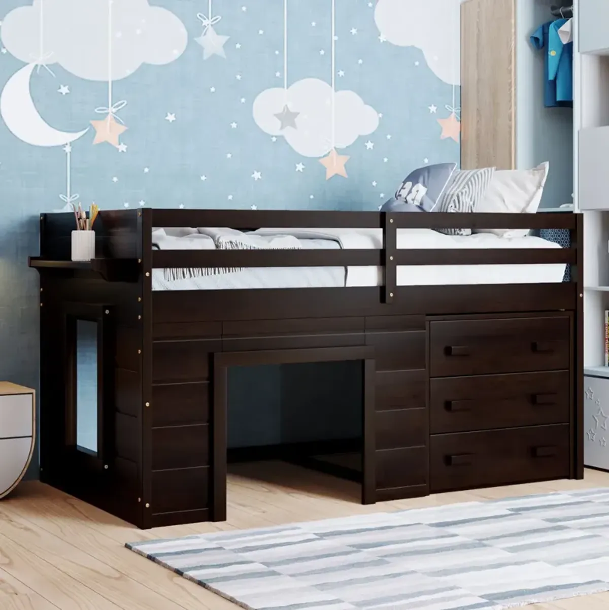 Twin Size Loft Bed with Cabinet and Shelf - Gray