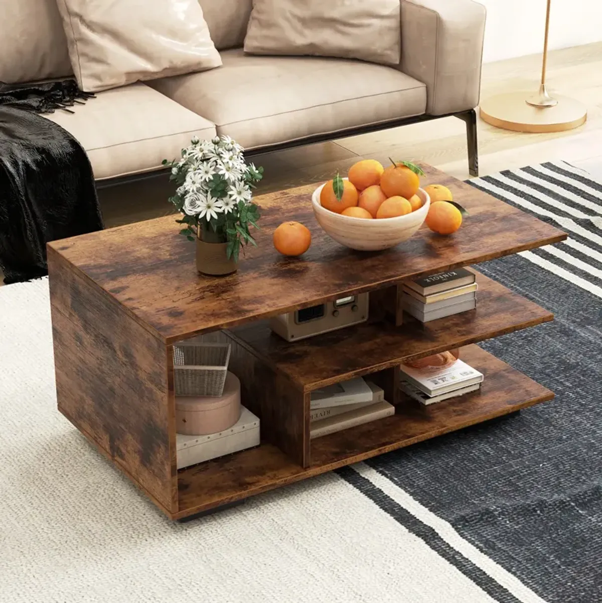 Rectangular Coffee Table with L-shaped Middle Shelf