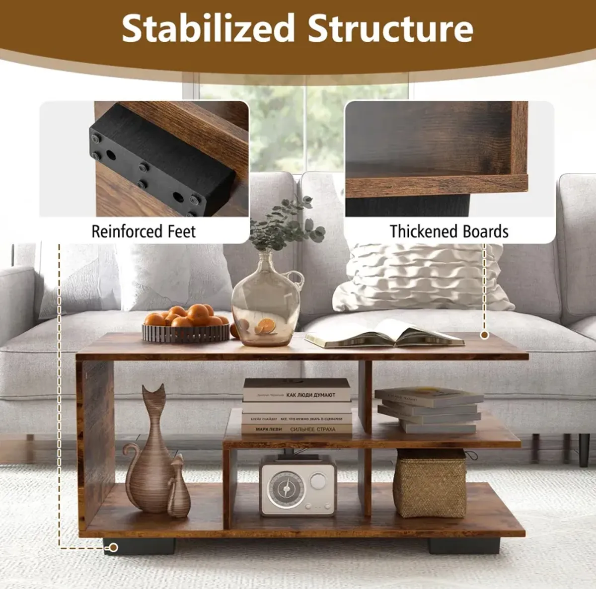 Rectangular Coffee Table with L-shaped Middle Shelf