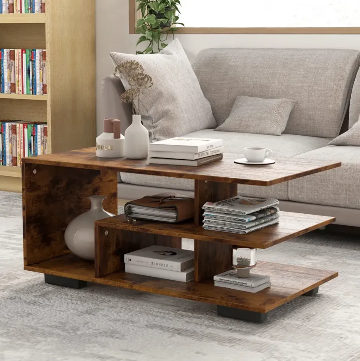 Rectangular Coffee Table with L-shaped Middle Shelf