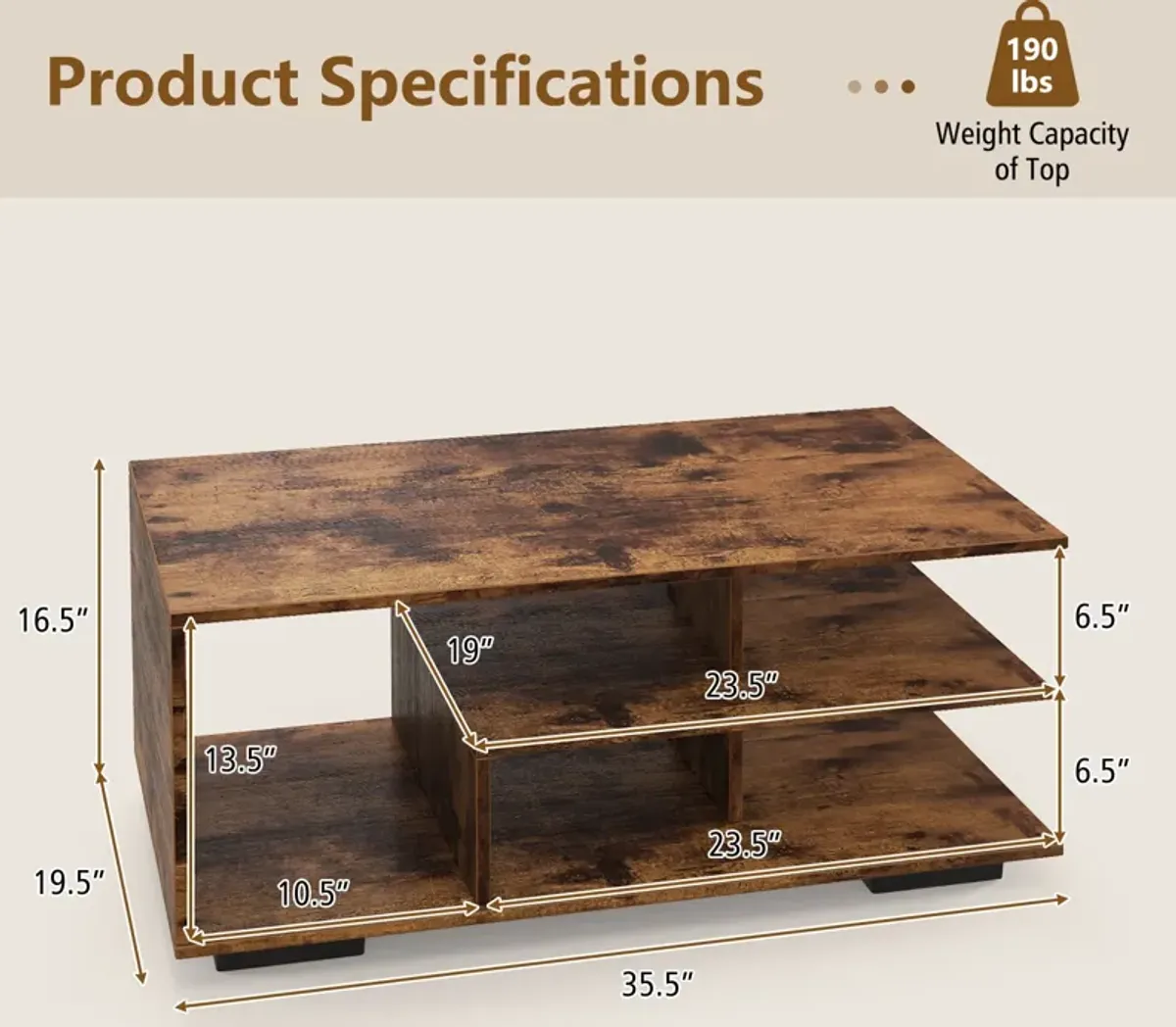 Rectangular Coffee Table with L-shaped Middle Shelf