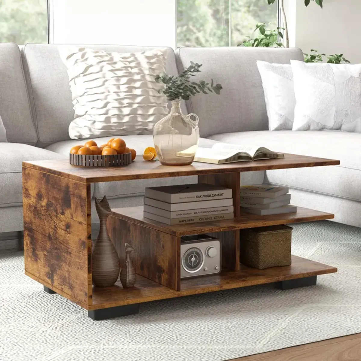 Rectangular Coffee Table with L-shaped Middle Shelf