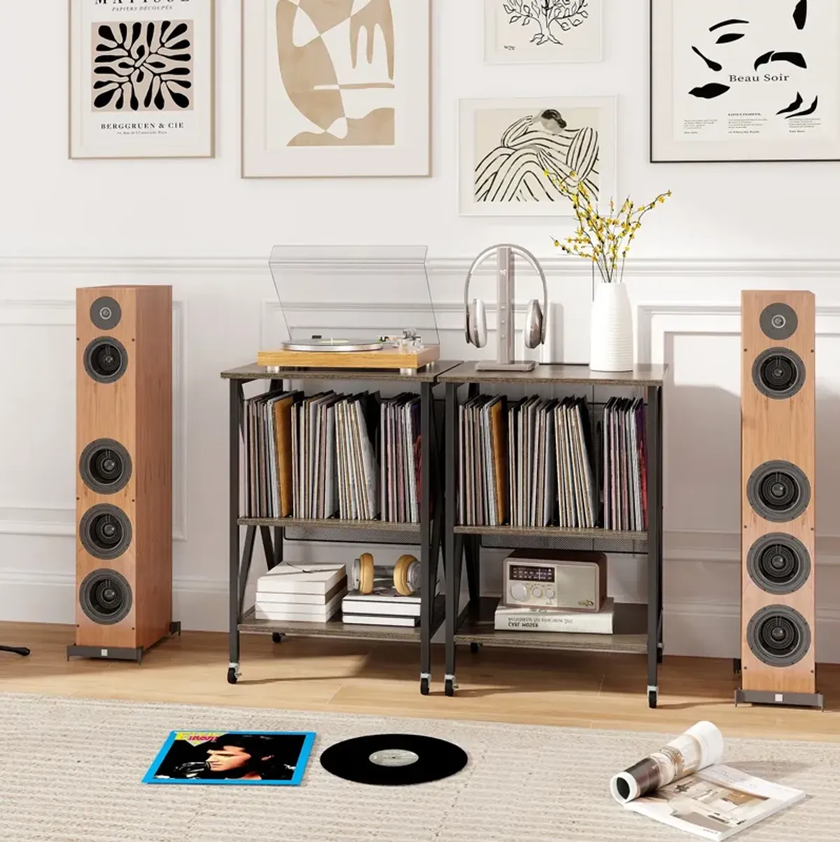 Mid-Century Vinyl Record Player Stand with Built-In Charging Station and Storage