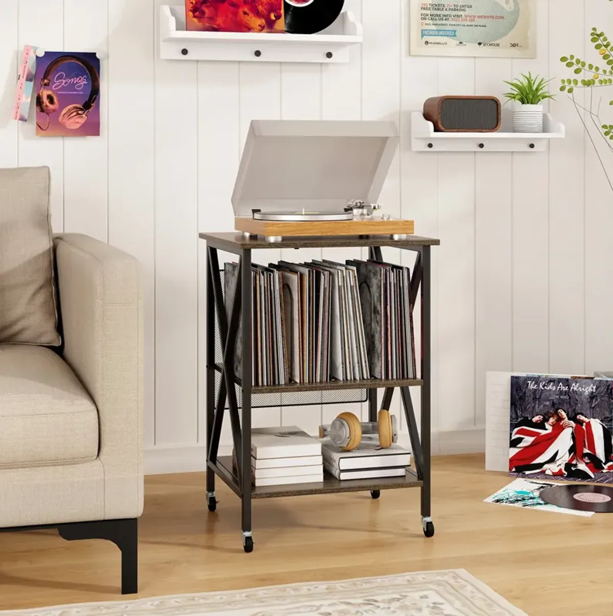 Mid-Century Vinyl Record Player Stand with Built-In Charging Station and Storage