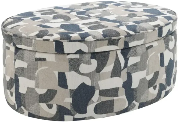 Kito Oval Accent Ottoman, 39 Inch, Hidden Storage, Patterned Fabric - Benzara