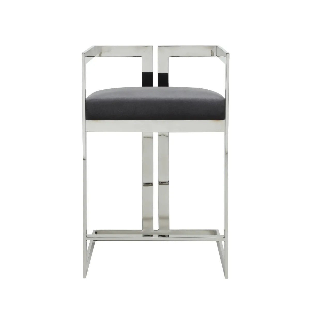 Suki 26 Inch Counter Stool Chair, Gray Velvet, Silver Stainless Steel Frame - Benzara