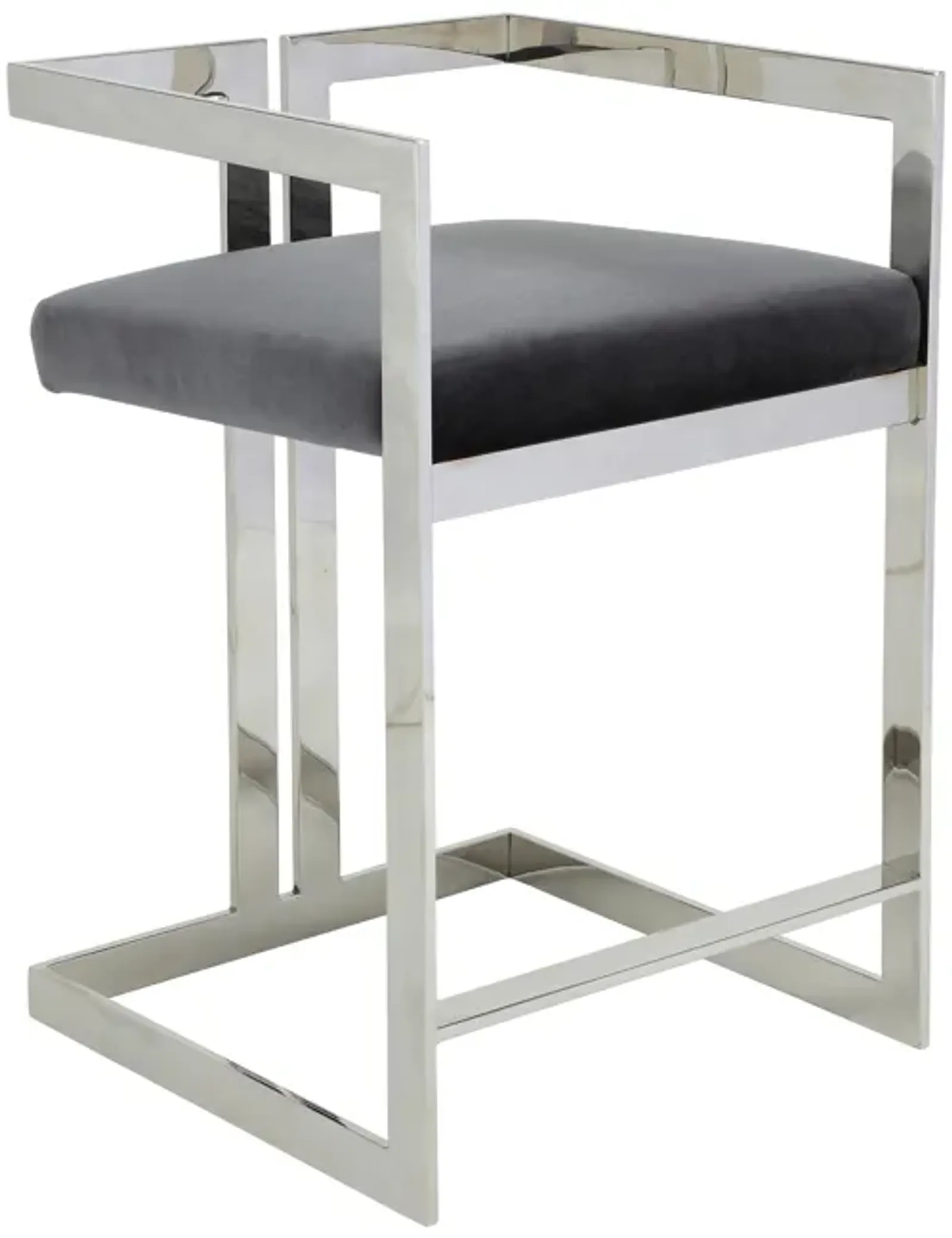 Suki 26 Inch Counter Stool Chair, Gray Velvet, Silver Stainless Steel Frame - Benzara