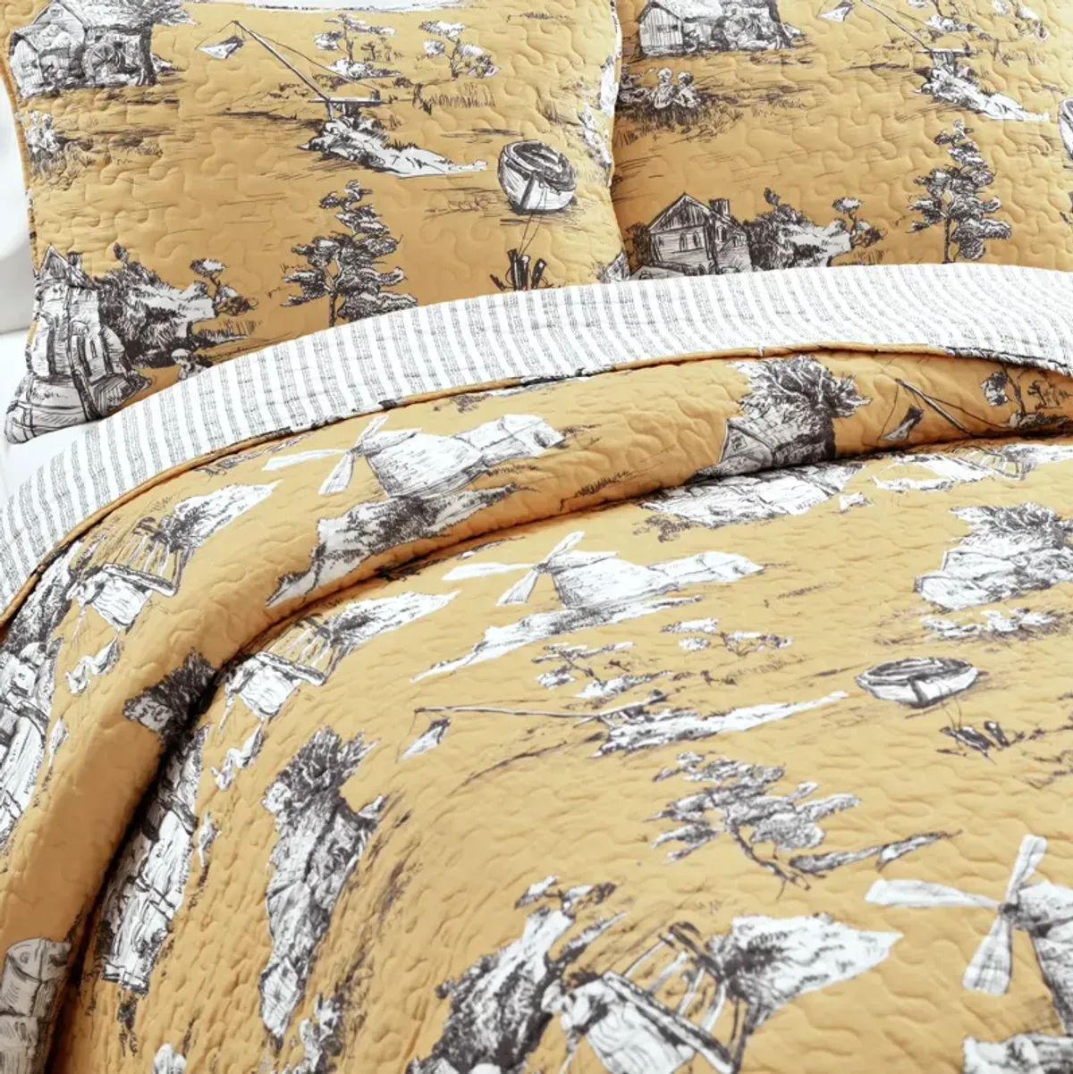 French Country Toile Cotton Reversible Quilt Yellow/GRAY 3Pc Set King