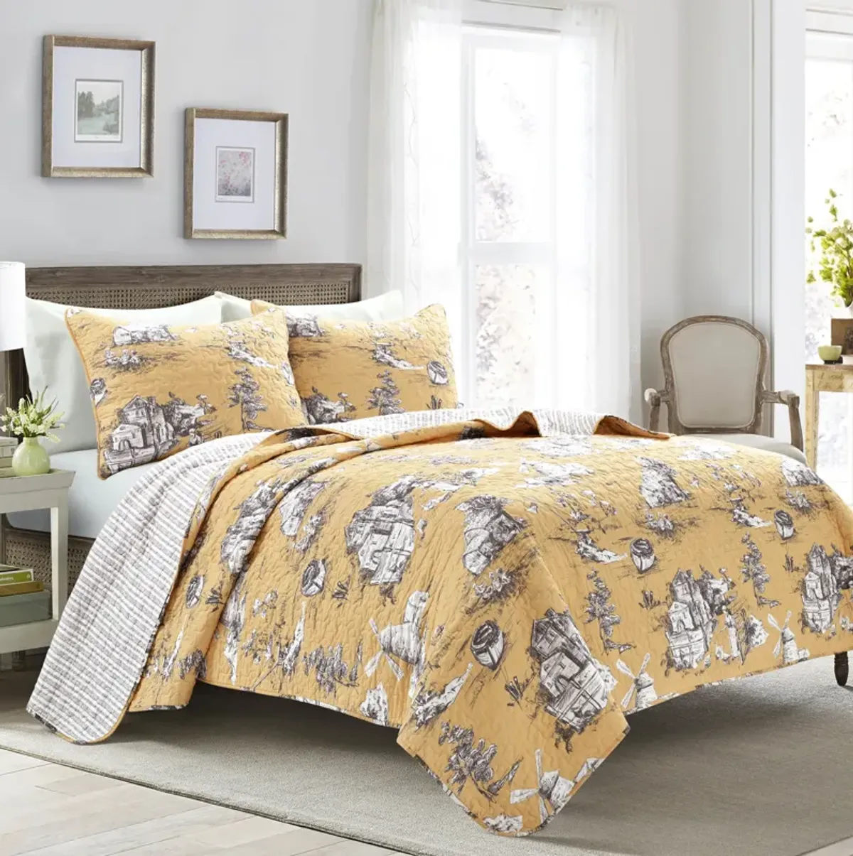 French Country Toile Cotton Reversible Quilt Yellow/GRAY 3Pc Set King