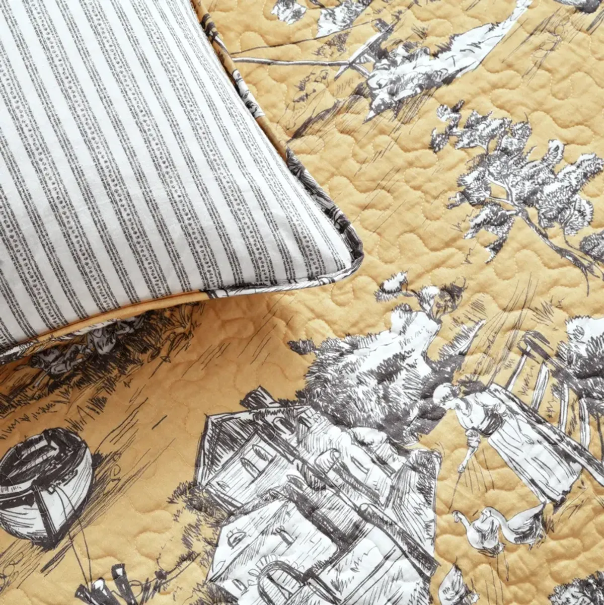 French Country Toile Cotton Reversible Quilt Yellow/GRAY 3Pc Set King