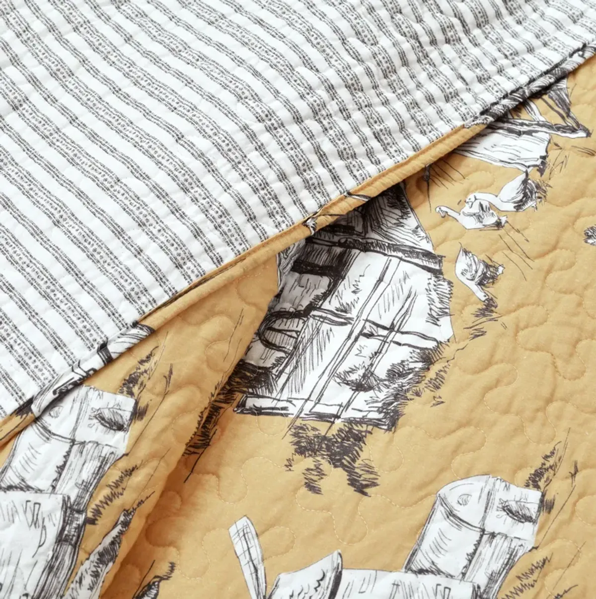 French Country Toile Cotton Reversible Quilt Yellow/GRAY 3Pc Set King