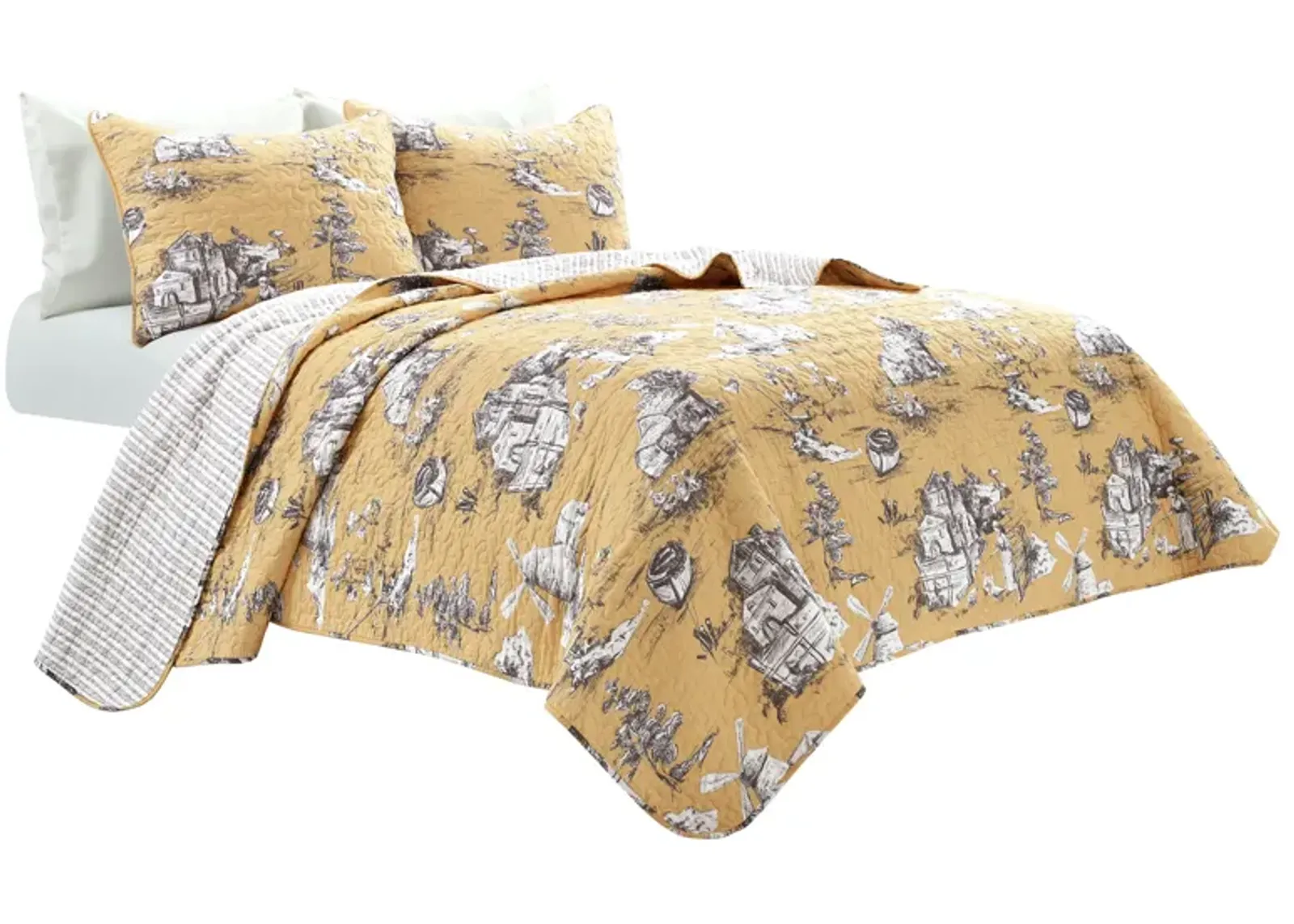 French Country Toile Cotton Reversible Quilt Yellow/GRAY 3Pc Set King