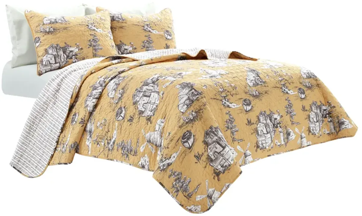 French Country Toile Cotton Reversible Quilt Yellow/GRAY 3Pc Set King