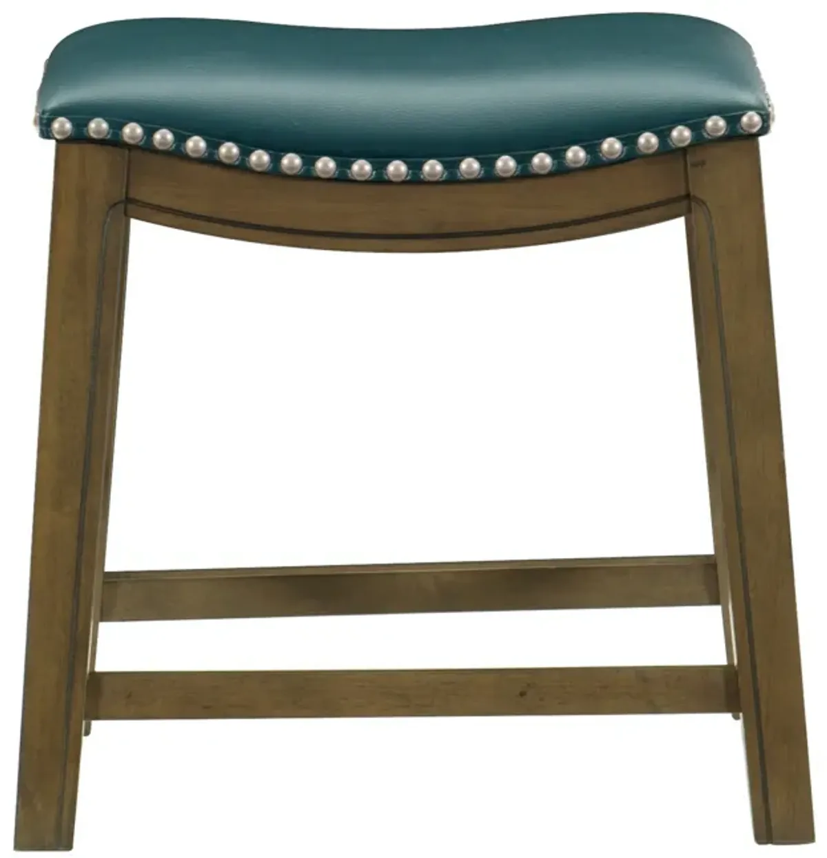 Miel 20 Inch Dining Stool, Green Faux Leather, Brown Solid Wood, Nailheads - Benzara