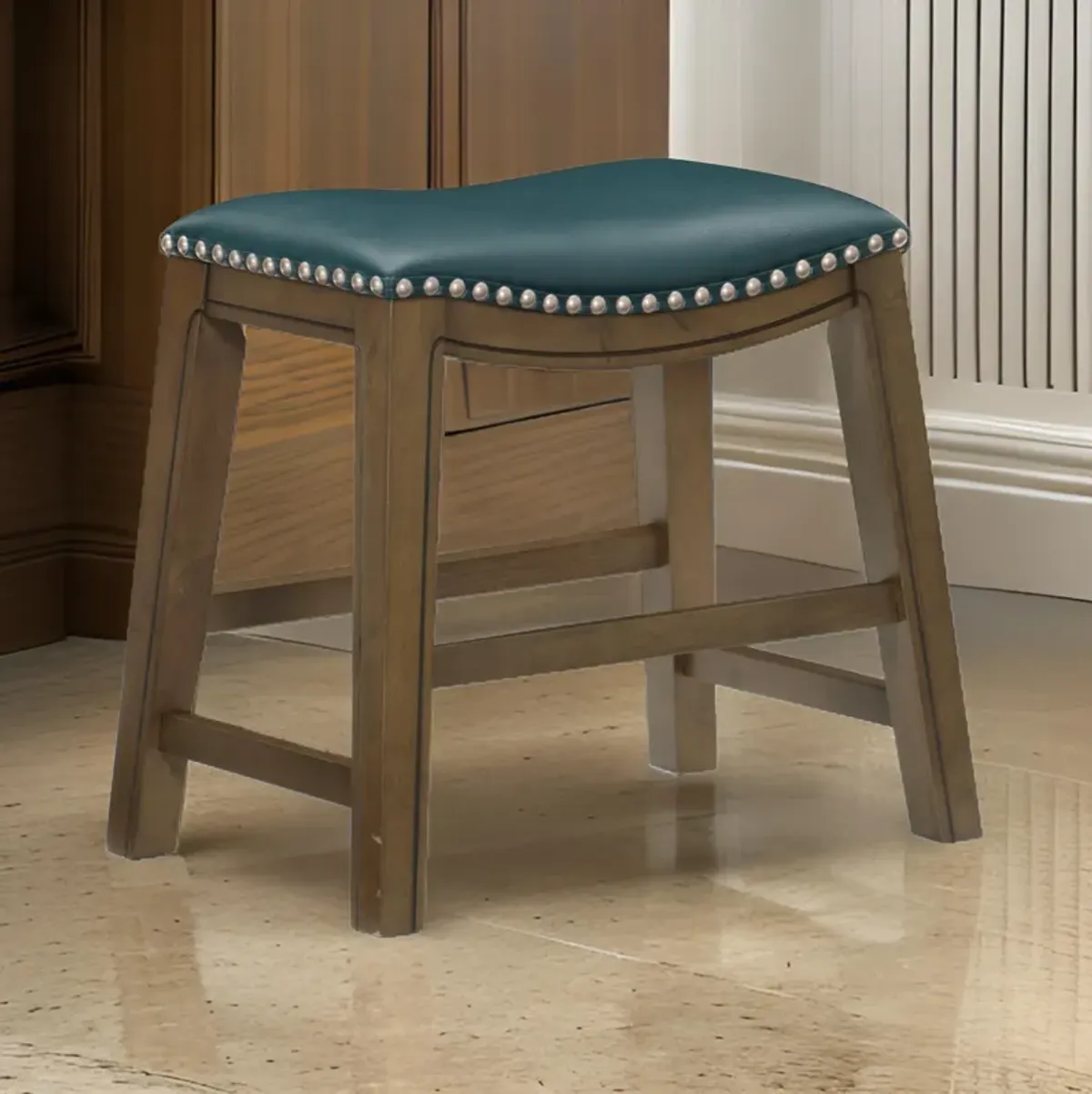 Miel 20 Inch Dining Stool, Green Faux Leather, Brown Solid Wood, Nailheads - Benzara