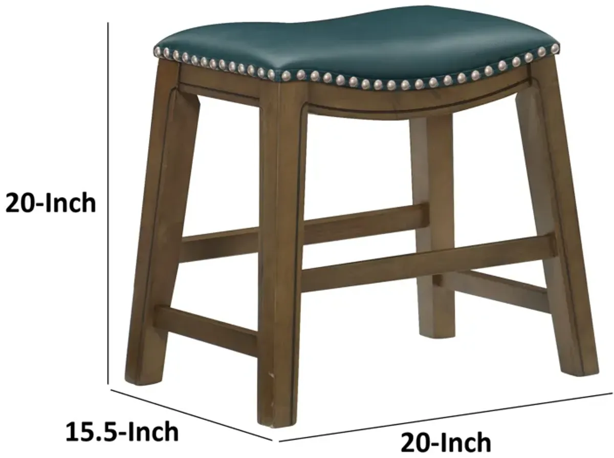 Miel 20 Inch Dining Stool, Green Faux Leather, Brown Solid Wood, Nailheads - Benzara