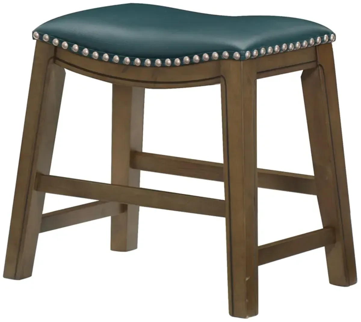 Miel 20 Inch Dining Stool, Green Faux Leather, Brown Solid Wood, Nailheads - Benzara