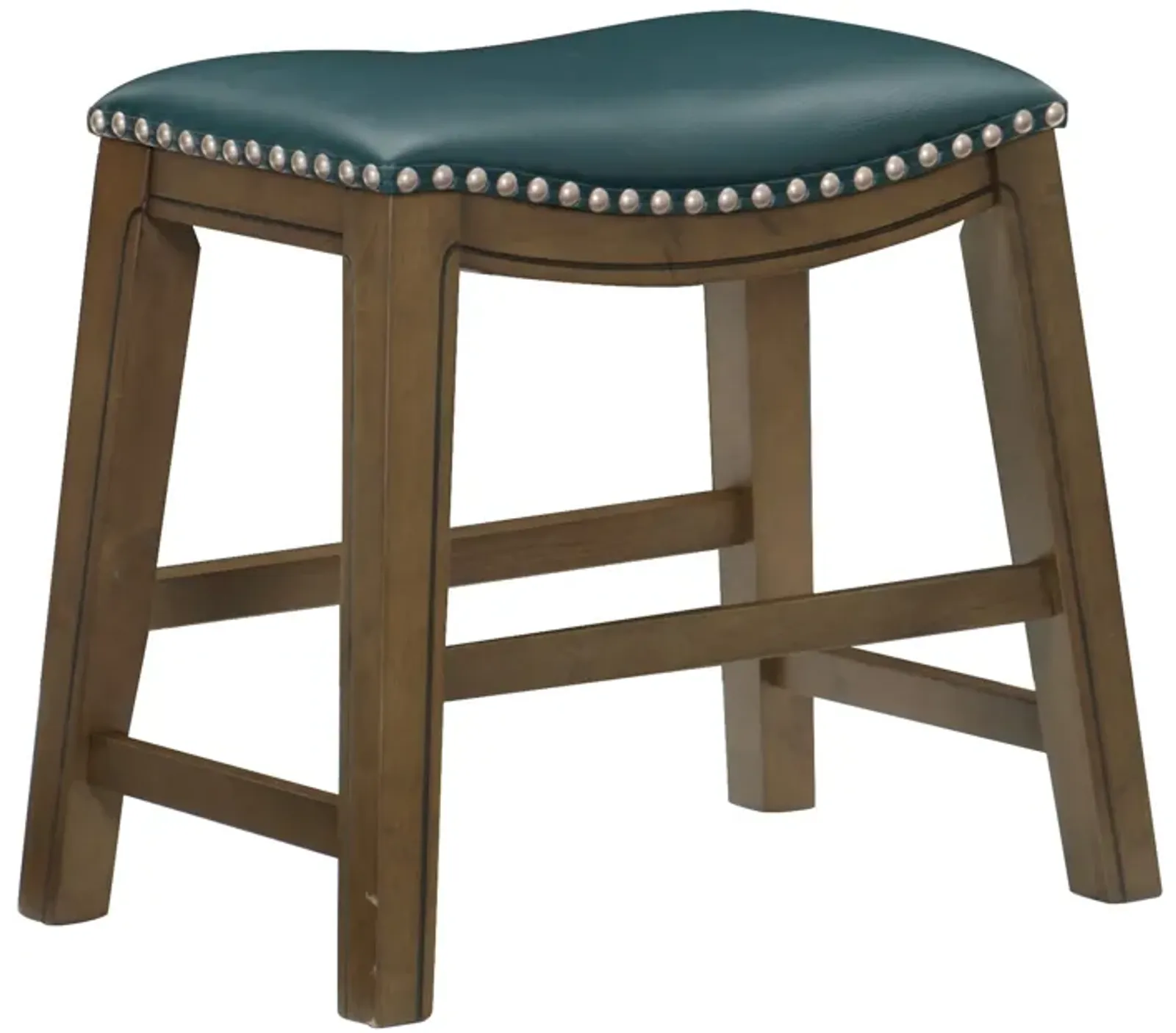 Miel 20 Inch Dining Stool, Green Faux Leather, Brown Solid Wood, Nailheads - Benzara