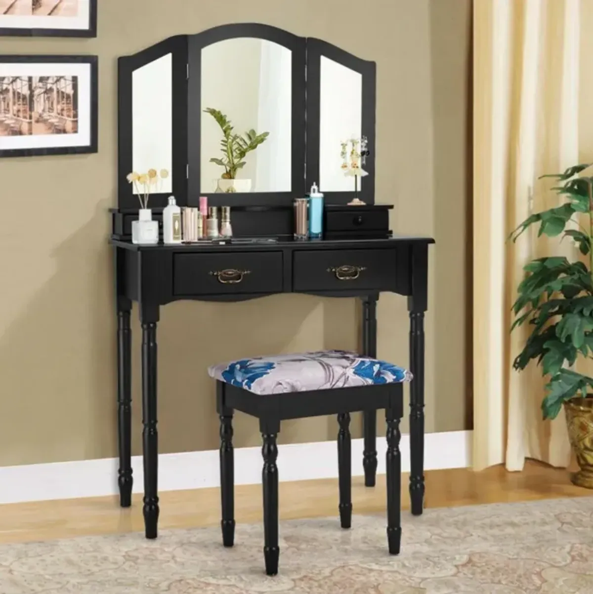 Hivvago Simple Vanity Set with Tri-Folding Mirror Drawers and Storage Shelf