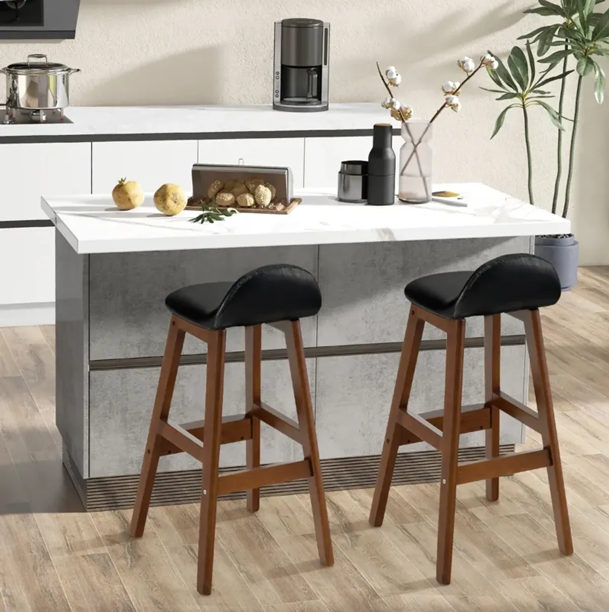 27.5 Inch Set of 2 Upholstered PU Leather Barstools with Back Cushion-Brown