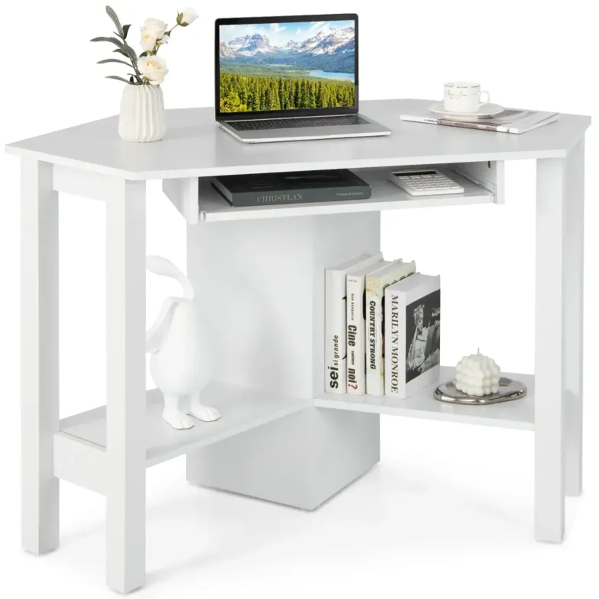 Costway Wooden Corner Desk With Drawer Computer PC Table Study Office Room White