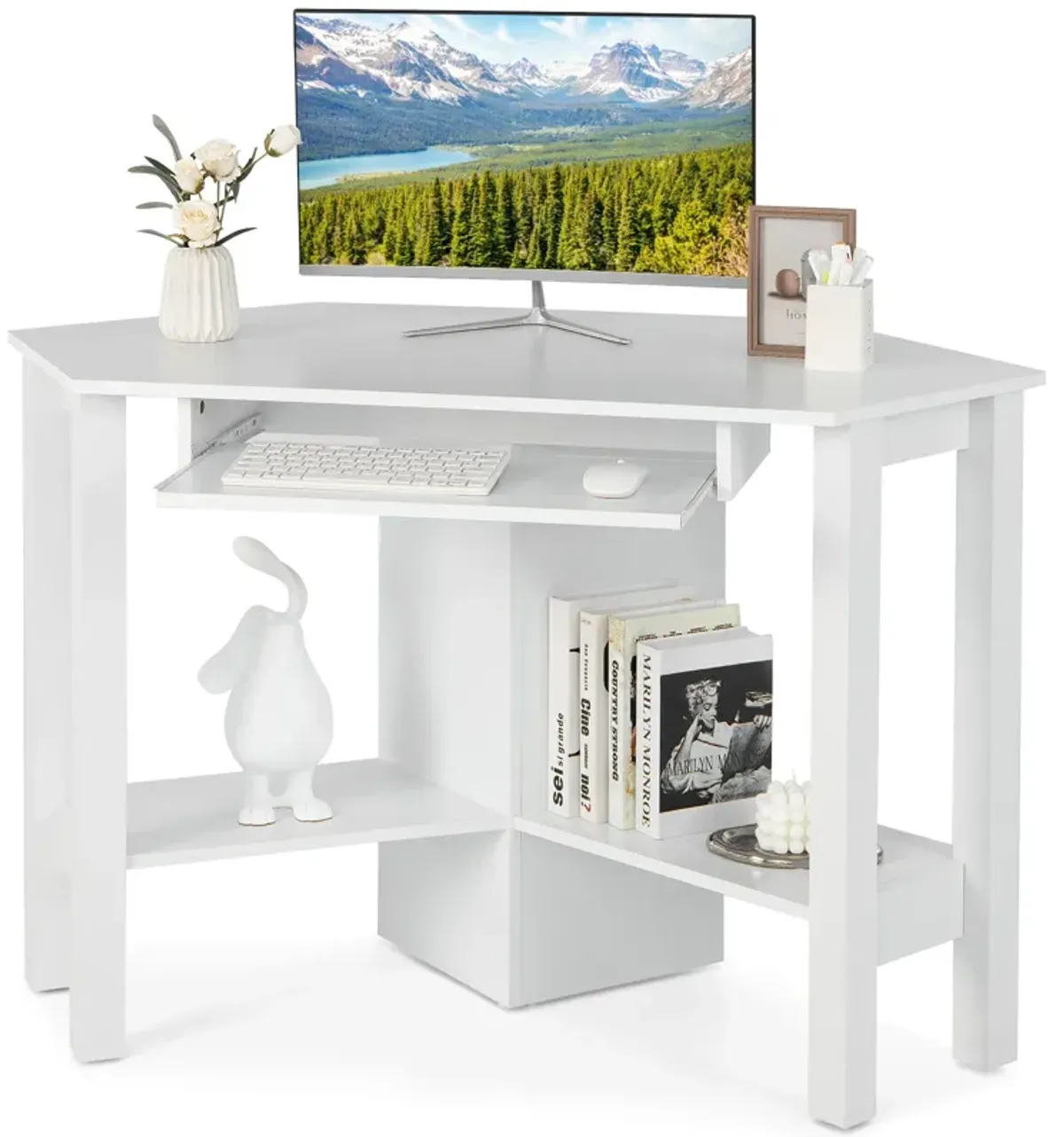 Costway Wooden Corner Desk With Drawer Computer PC Table Study Office Room White