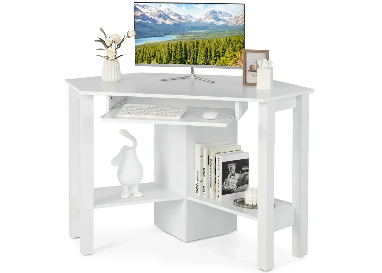 Costway Wooden Corner Desk With Drawer Computer PC Table Study Office Room White