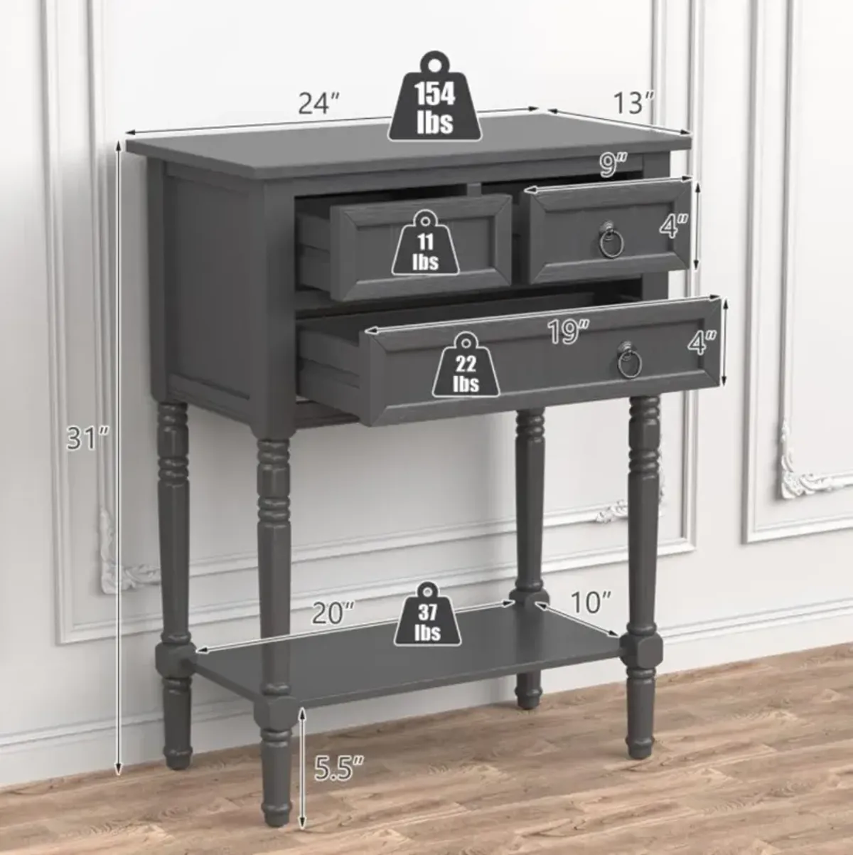 Hivvago Narrow Console Table with 3 Storage Drawers and Open Bottom Shelf